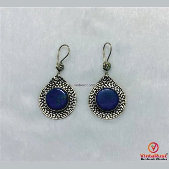Handmade Blue Gemstone Dangle Earrings: Silver Tone Lapis Lazuli Earrings - Picture 1 of 6
